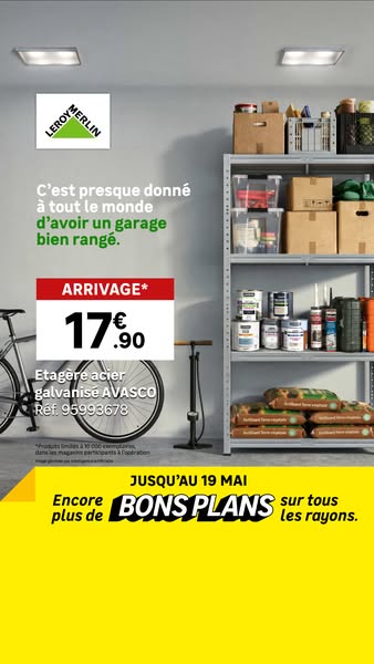 An image ad for Leroy Merlin promoting a sale on the AVASCO steel shelf unit. The ad aims to convey how easily someone c