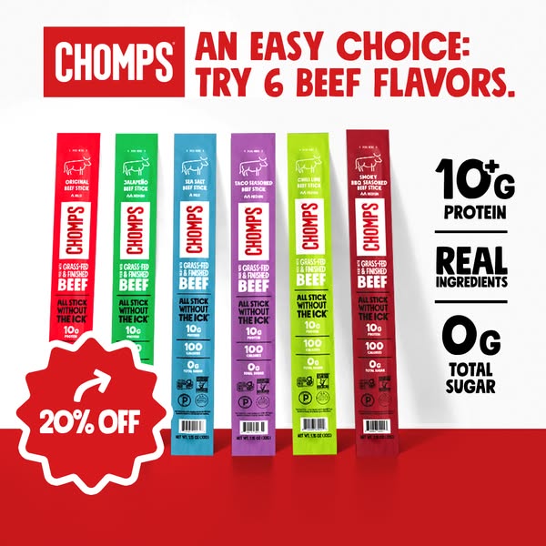 This image ad for Chomps brand beef sticks uses bright colors and bold text to call attention to their product and offer