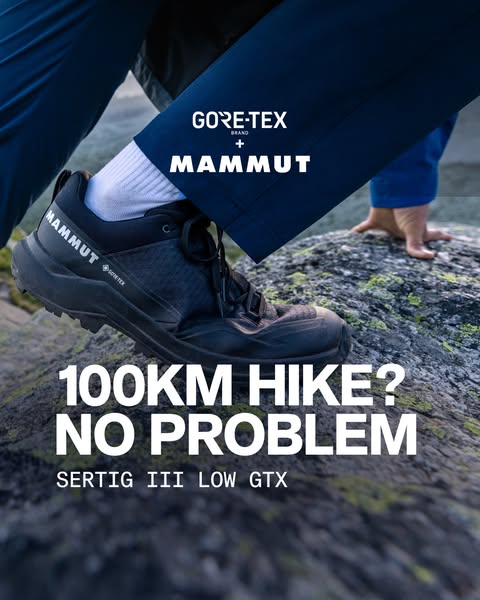 This ad showcases the Mammut Sertig III Low GTX hiking shoe in partnership with Gore-Tex, emphasizing its suitability fo