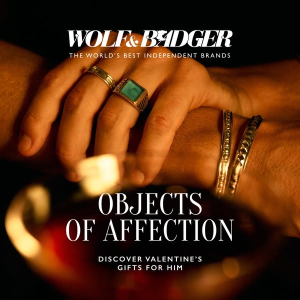 This image ad by Wolf & Badger promotes Valentine's Day gifts for men and features a close-up of a hand with gol