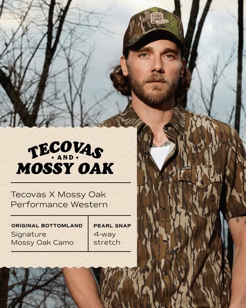This ad features a man wearing a Tecovas X Mossy Oak Performance Western shirt and hat. The text highlights the fabric, 