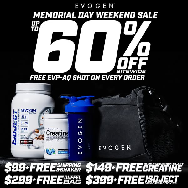 This image ad from Evogen promotes a Memorial Day Weekend Sale that offers up to 60% off sitewide and a free EVP-AQ shot
