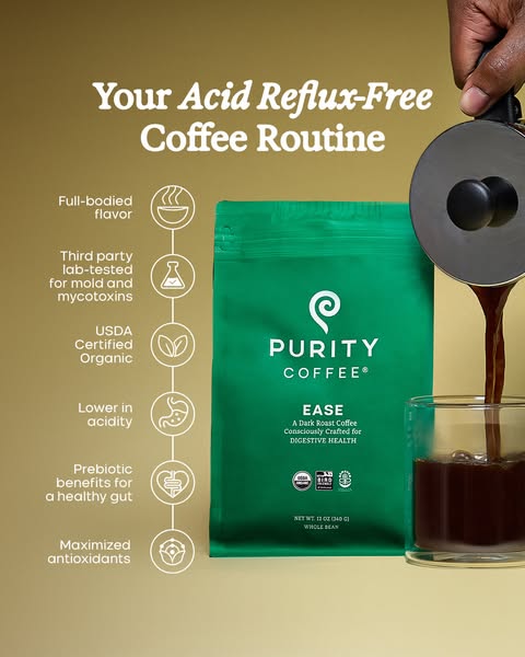 This image ad highlights the benefits of Purity Coffee by stating that it's acid reflux-free. The ad visually shows 