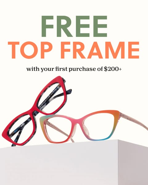 This image ad promotes Pair eyewear, highlighting an offer for a free top frame with a first purchase of $200 or more. T