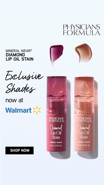This image ad promotes Physicians Formula Mineral Wear Diamond Lip Oil Stain, available in exclusive shades at Walmart. 
