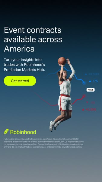 The image ad is for Robinhood's Prediction Markets Hub, highlighting event contracts available across America. The a