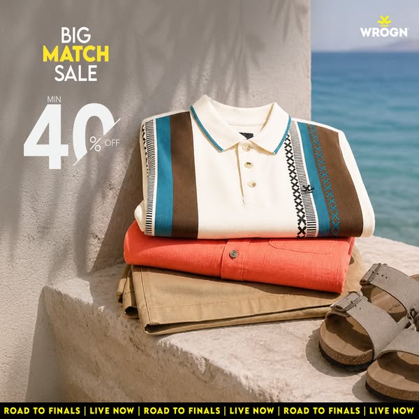 This image ad for Wrogn promotes a 'Big Match Sale' with a minimum discount of 40% off. It showcases a polo shir
