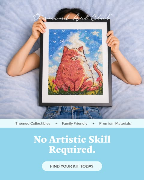 This ad promotes Diamond Art Club as a family-friendly way to create themed art pieces without needing any artistic skil