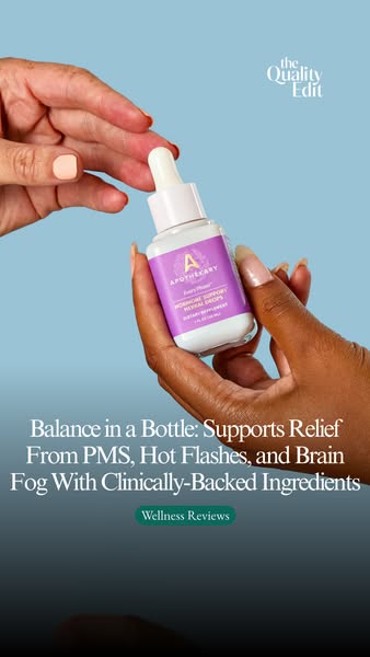 An ad promoting a product for hormonal support. The ad shows a bottle being held by two hands with a blue background and
