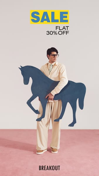 This ad for Breakout features a man holding a large cardboard horse with text that states, 'Sale. Flat 30% off'.
