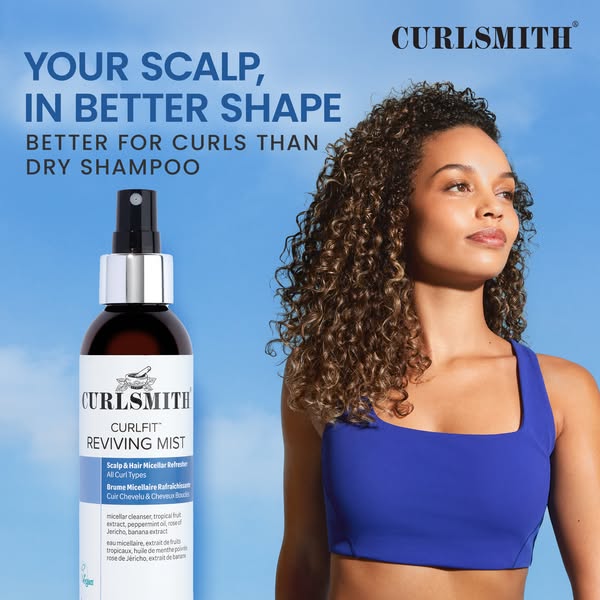 This ad for Curlsmith's Curlfit Reviving Mist features a woman with curly hair and the text 'Your scalp, in bett