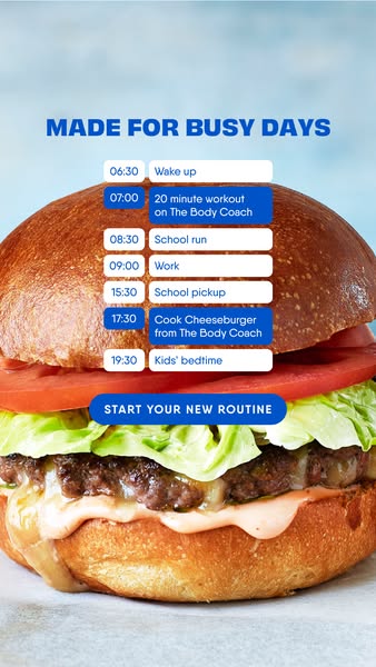 This ad uses an image of a cheeseburger to make a point about how busy your day is. A timeline of tasks is superimposed 