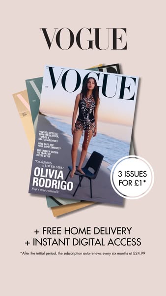 This image ad promotes a Vogue magazine subscription. It features stacked images of the magazine, plus an offer of 3 iss