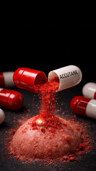 This ad visualizes the effect of Accutane on acne-prone skin. The open Accutane capsule sprinkles red powder over a blem