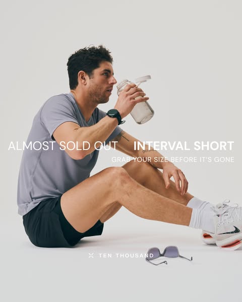 A single image ad for Ten Thousand's Interval Short, featuring a male model post-workout. The ad leverages urgency w