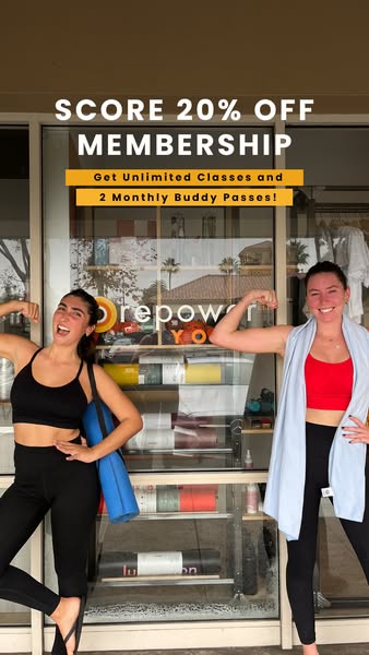 This image ad promotes CorePower Yoga by offering 20% off membership and 2 monthly buddy passes. Two women are posing in
