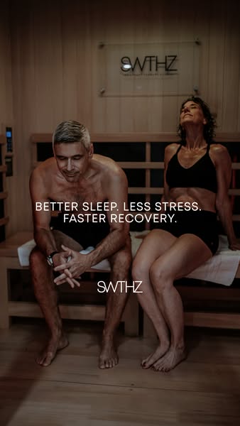 An image ad featuring a man and a woman in a SWTHZ sauna promotes better sleep, less stress, and faster recovery.