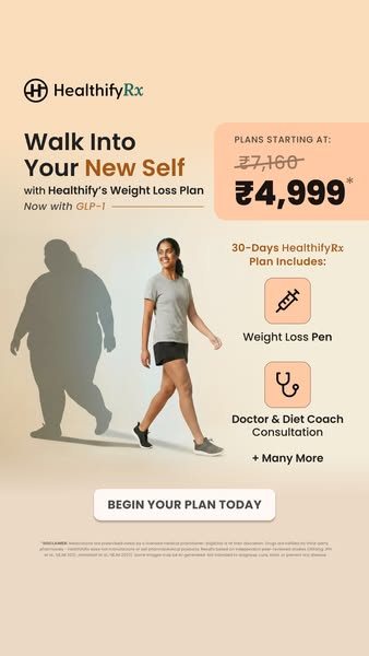 An ad for HealthifyRx, a weight loss program that includes a weight loss pen and doctor and diet coach consultation. The
