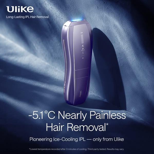 This ad showcases the Ulike IPL hair removal device, emphasizing its long-lasting results and nearly painless hair remov