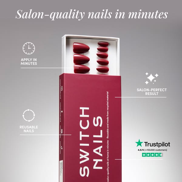 This ad promotes Switch Nails, a brand offering salon-quality, reusable, and eco-friendly nail solutions for at-home app