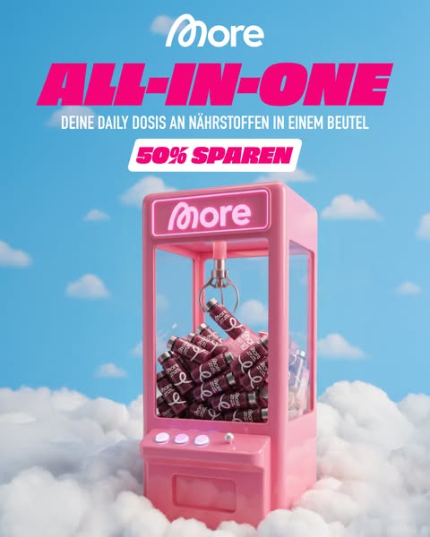 This ad promotes More brand's all-in-one daily dose of nutrients, presented in a playful claw machine setting, highl