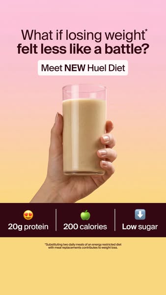 This image ad for Huel Diet features a hand holding a glass of the product with claims of 20g of protein, 200 calories a