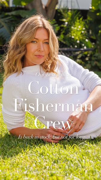 An advertisement for Pura Cashmere's Cotton Fisherman Crew sweater. The ad showcases a model wearing the sweater whi
