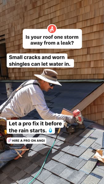 The ad features a roofing contractor repairing a roof and encourages users to hire a professional on Angi to fix their r