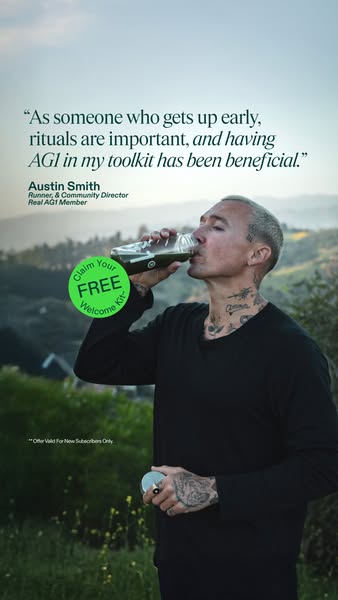 This ad features a testimonial from Austin Smith, a runner and community director, who attests to the benefits of AG1 in