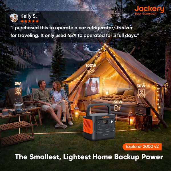 This ad features the Jackery Explorer 2000 v2 portable power station as a home backup power and for camping.