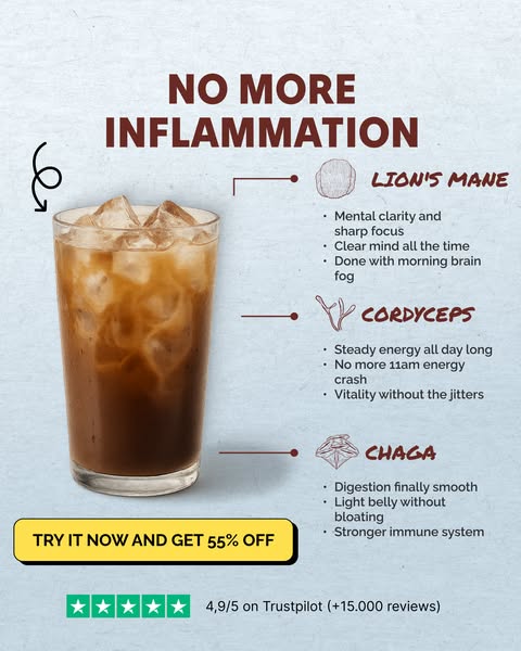 The ad is promoting a drink that contains Lion's Mane, Cordyceps, and Chaga. The drink helps with mental clarity and