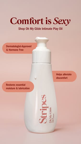 This ad promotes Stripes Oh My Glide Intimate Play Oil. The ad uses three callouts to highlight the product's key be
