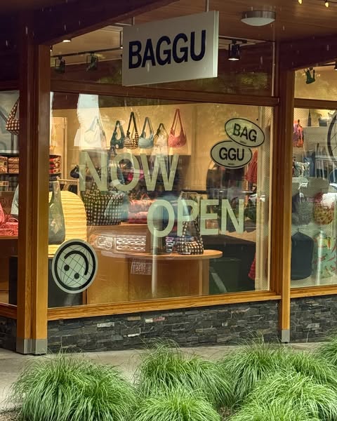 Image of a Baggu store front window that features a sign with the brand name and a storefront window with printed text t