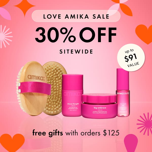 This ad for Amika promotes a sitewide sale of 30% off with free gifts on orders of $125 or more. Several Amika products 