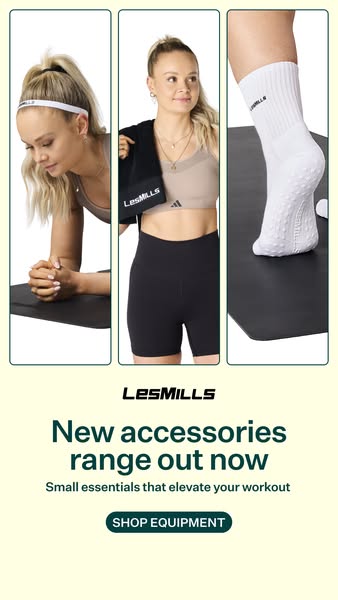 This ad for Les Mills promotes their new accessories range. The image features a fair-skinned woman in three different f