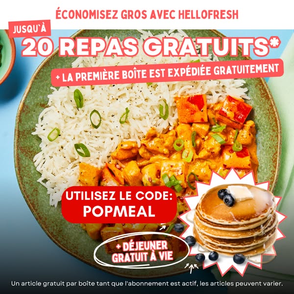 This ad for HelloFresh features a top-down view of a plate of food alongside a stack of pancakes with the promotional of