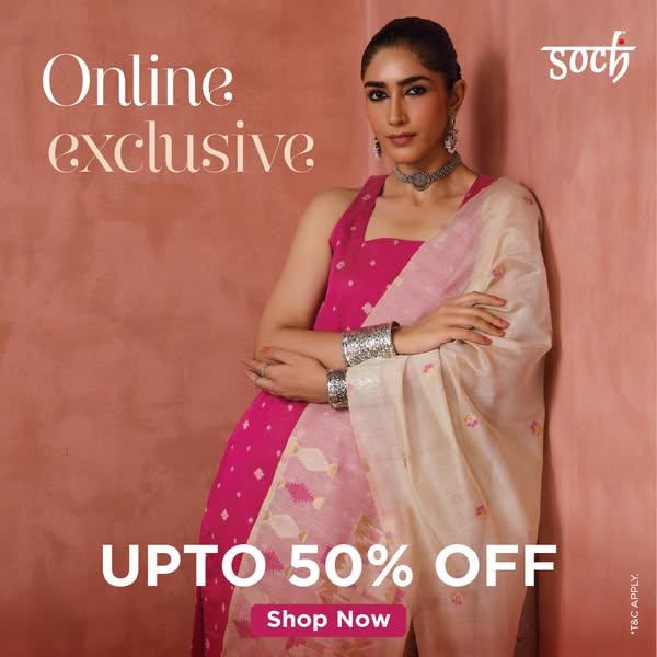 Ad for Soch, an online brand, advertising up to 50% off.