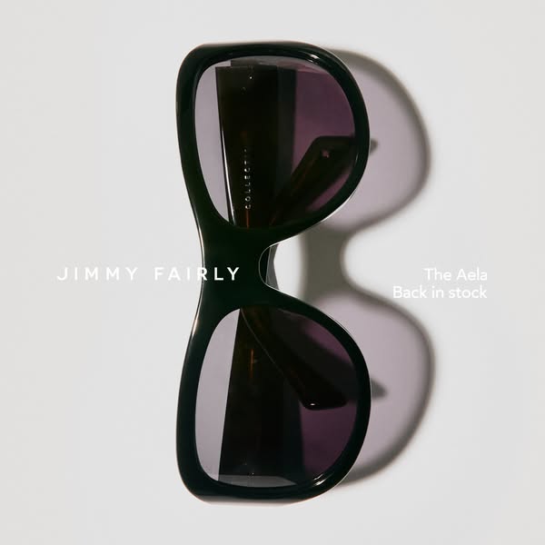This image ad showcases the Jimmy Fairly brand sunglasses called the Aela. The headline states the product is now back i