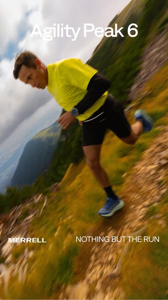 This image ad showcases the Merrell Agility Peak 6 trail running shoe, emphasizing its suitability for trail running and