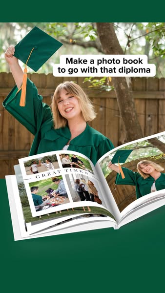 This ad encourages recent graduates to create a photo book to commemorate their achievement with various photos from the