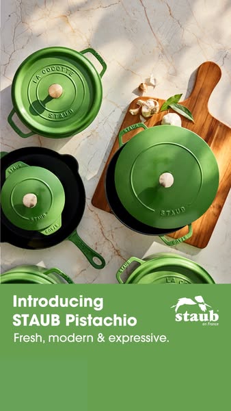 This image ad showcases STAUB's Pistachio collection, highlighting its fresh, modern, and expressive design, aimed a