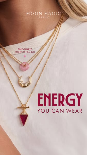 A vertical image ad showcasing Moon Magic Jewelry, focusing on a layered necklace arrangement. The ad emphasizes the nec