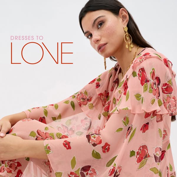 This ad features a woman wearing a pink floral dress. The text in the ad reads, "Dresses to LOVE".