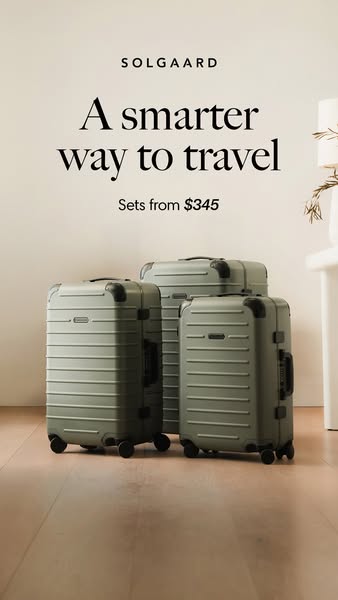 This ad promotes Solgaard luggage sets. The image displays three green suitcases of varying sizes against a muted backgr