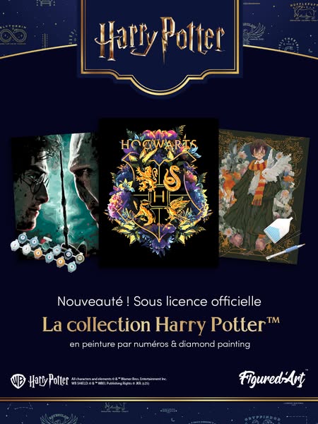 This image ad promotes a new line of Harry Potter paint by numbers and diamond painting kits by Figured Art. It features