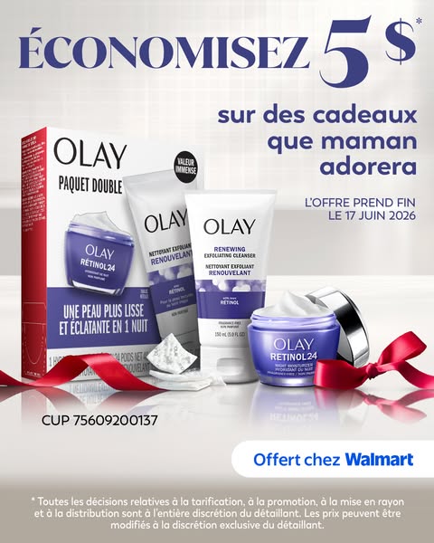 This ad showcases the Olay Retinol 24 product line as a double pack gift option. It highlights a limited time offer to s