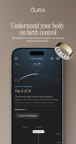 This ad promotes Oura Ring, a wearable device that helps track various health metrics, specifically in relation to birth