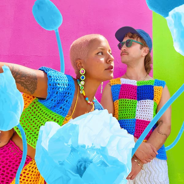 This ad features two people wearing colorful crocheted tops in front of a brightly colored wall. The ad is visually stri