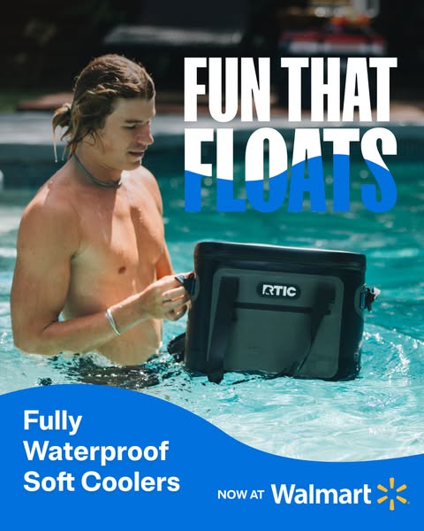 This image ad is for RTIC coolers, which are sold at Walmart. The ad features a cooler floating in a pool with the tagli