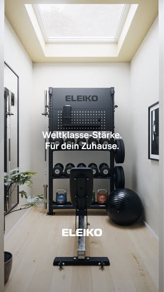 This image ad showcases Eleiko's world-class strength training equipment, emphasizing its suitability for home use. 